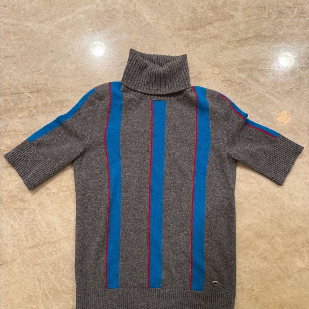 CHANEL Gray and Blue Cowl Turtleneck Sweater